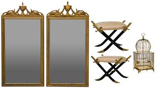 Sabre-Form Footstools, Birdcage and Mirrors