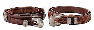 Two Tooled Leather Belts with Sterling