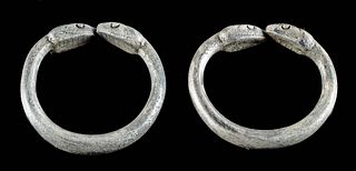 Archaic Greek Silver Bracelets w/ Serpent Head Termini