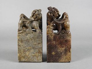 Pair of Chinese Soapstone Foo Dogs Seals, 20th C.