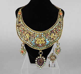 Rare Tibetan Gilt Repoussé & Hardstone Necklace