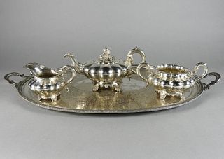 Hallmarked Silver Tea Set & Silver Plated Tray