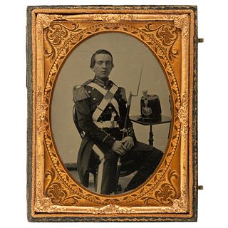 [CIVIL WAR]. Quarter plate ruby ambrotype of a 14th New York Militia private holding a bayonetted rifle. N.p., [ca 1860-1861].