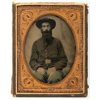 [CIVIL WAR]. Quarter plate tintype of bearded Union cavalry private. N.p.: n.p., [ca 1860s].
