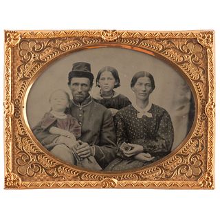 [CIVIL WAR - TINTYPE]. Quarter plate tintype of a soldier and his family. N.p., n.d.