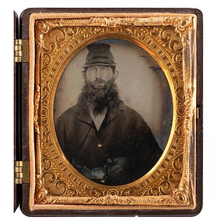 [CIVIL WAR]. Sixth plate tintype of bearded Union private with pistol. N.p.: n.p., [ca 1860s]. 