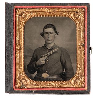 [CIVIL WAR]. Sixth plate tintype of Union soldier displaying his Colt revolver. N.p.: n.p., [1860s].