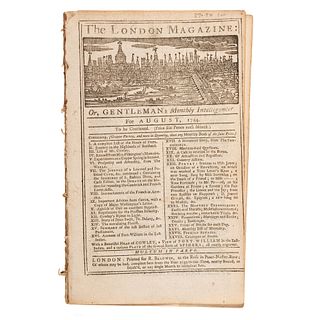 [FRENCH & INDIAN WAR - BATTLE OF JUMONVILLE GLEN]. The London Magazine: Or, Gentleman's Monthly Intelligencer. London: R. Baldwin, August 1754.