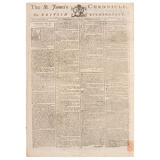 [REVOLUTIONARY WAR - BATTLES OF TRENTON & PRINCETON]. The St. James's Chronicle: British Evening-Post. No. 2492. London: H. Baldwin, 27 February 1777-