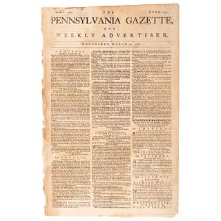 [REVOLUTIONARY WAR]. The Pennsylvania Gazette, and Weekly Advertiser. No. 2648. Philadelphia: Hall & Sellers, 14 March 1781.