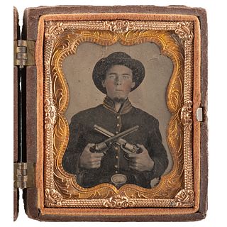 [CIVIL WAR]. Ninth plate tintype of Private Martin Leopold, Co. K, 22nd Kentucky Infantry, displaying pair of Model 1851 Navy Colt revolvers. N.p.: n.