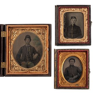 [CIVIL WAR]. A group of 3 tintypes of Union soldiers, incl. ninth plate portrait of private with eye injury.
