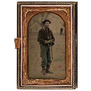 [CIVIL WAR]. CDV-sized tintype outdoor portrait of cavalryman, identified to Ira V. Casey of 1st Illinois Cavalry. N.p. n.d. 