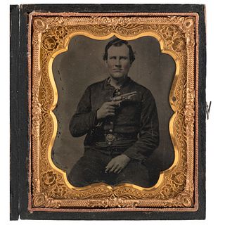 [CIVIL WAR]. Sixth plate tintype of member of 5th Company, Washington Artillery of New Orleans, holding Colt Model 1849 Pocket revolver. N.p.: n.p., [