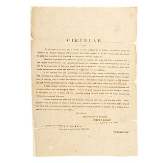 [CIVIL WAR]. Circular signed in type by Brig. Gen. Taylor regarding desertion of soldiers from 9th Battalion LA Partisan Rangers.