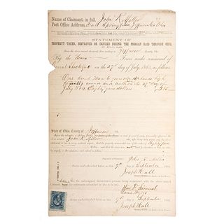 [CIVIL WAR]. Federal court document for reimbursement of property lost during John Hunt Morgan's 1863 raid, September 9, 1864.