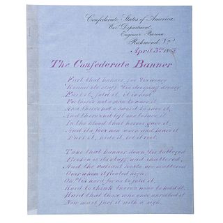 [CIVIL WAR]. Manuscript poem, "The Confederate Banner," penned on CSA War Department blue letterhead. Richmond, VA, 3 April 1865.