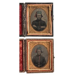 [CIVIL WAR]. 34th Ohio Volunteers, Piatt's Zouaves, group of 6 items incl. ninth plate tintypes of soldier from Co. F, 34th OVI.
