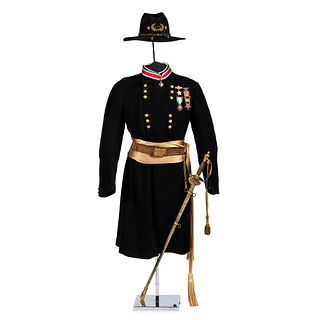 [HAWKINS' ZOUAVES]. GAR uniform with hat, sword, and numerous badges, attributed to Edward Jardine, 9th New York Infantry Regiment, comprising: