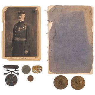 [CIVIL WAR]. Collection of 9th Illinois Cavalry veterans' ribbons, badges, and other accoutrements, comprising:
