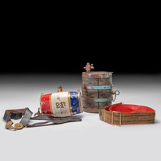 [MILITARY -- EQUIPMENT]. Military-style canteens with assorted straps, highlighted by painted example, comprising:
