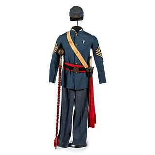 [UNITED CONFEDERATE VETERANS]. 1st Virginia UCV Drum Major's uniform with bearskin shako, cap, baton, and sword.