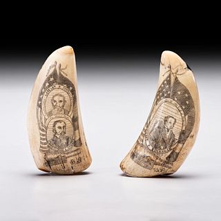 [CIVIL WAR] -- [BATTLE OF HAMPTON ROADS]. Scrimshaw whale teeth featuring illustrations of important ironclad engagements from the famous naval battle