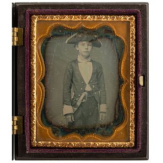 [EARLY PHOTOGRAPHY - PORTRAITURE]. Ninth plate daguerreotype of a young boy dressed in American Revolutionary military attire including naval dirk or 