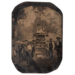 [POLITICS] -- [HARRISON, Benjamin (1833-1901)]. Full plate tintype of souvenir badge vendors at outdoor kiosk taken during Benjamin Harrison's preside