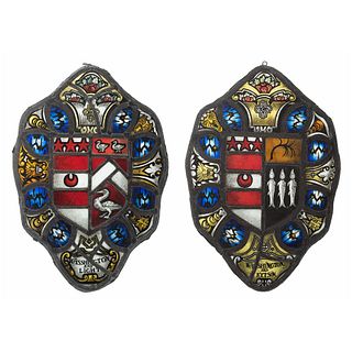 [WASHINGTON, George (1732-1799)]. Replica stained glass "marital alliance" panels featuring the Washington family coat-of-arms, early 20th century.
