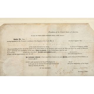 MADISON, James (1751-1836). Document signed ("James Madison"), as President. N.p.: 23 May 1810. 1 page, sight 15 x 8 1/2 in., partly printed land gran