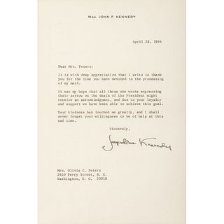  KENNEDY ONASSIS, Jacqueline Bouvier (1929-1994). Typed letter signed ("Jacqueline Kennedy"), to Olivia C. Peters. [Washington, DC], 28 April 1964. 1 
