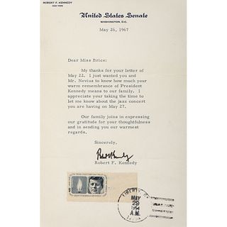 KENNEDY, Robert F. (1925-1968). Typed letter signed ("Robert F. Kennedy"), as Senator, to Miss Brice. Washington, 26 May 1967. 1 page, 8vo, on United 