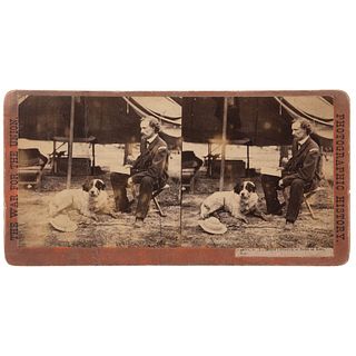 [CUSTER, George A. (1839-1876)]. BRADY, Mathew, photographer, after. Stereoview of George Custer and his dog. Hartford, CT: John C. Taylor, [ca 1890].