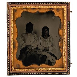 [NATIVE AMERICAN]. Sixth plate melainotype of Native American man and woman, possibly Pawnee. N.p.: n.p., [ca 1858].