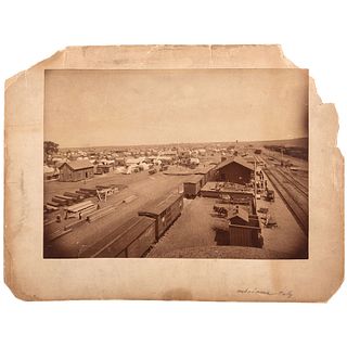 [WESTERN AMERICANA]. Albumen photograph featuring early view of Oklahoma City, Indian Territory. N.p.: Oklahoma City, I.T., [ca 1889].