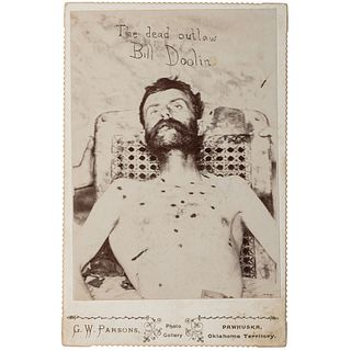 [OUTLAWS]. PARSONS, G.W., photographer. Cabinet card of Bill Doolin in death. Pawhuska, Oklahoma Territory: n.d. [ca 1896].