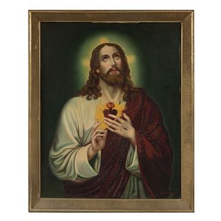 BERNARDO LÓPEZ. Sagrado corazón de Jesús. Óleo sobre tela.  Firmado y fechado 1974 al frente. Enmarcado.  74 x 59 cm