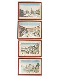 Lote de 4 litografías coloreadas. Siglo XX. Vistas de paisajes y arquitectónicas. Enmarcadas. Detalles de conservación.