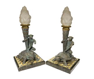 A Pair of Bronze Figural Lamp Mounted Pietra Dura