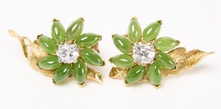 Pair of 14K Jadeite and Diamond Floral Earrings