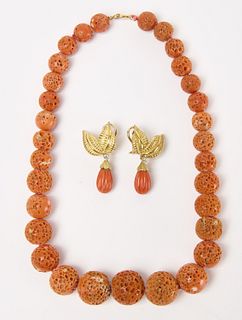 Graduated Salmon Coral Beaded Necklace & Earrings