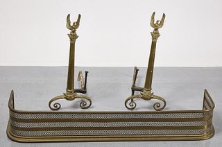 Pair of Eagle Andirons and Fender