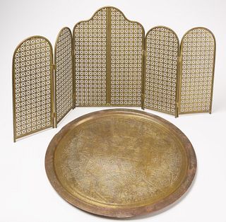 Brass Fire Screen and Brass Engraved Tray