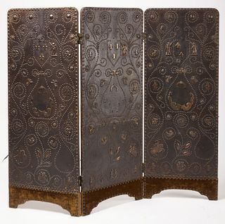 Leather and Brass Bound Folding Screen