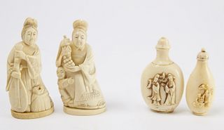 2 Chinese Carved Bone Figures & 2 Snuff Bottles