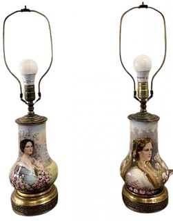 Pair of Vienna Porcelain Table Lamps. Hand Painted.