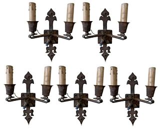 Set of 5 Iron Two Light Wall Sconces