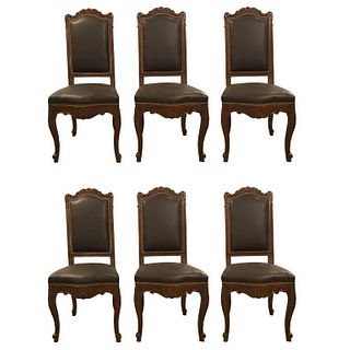 Set of Six Louis XV Style Brown Leather Carved Sid