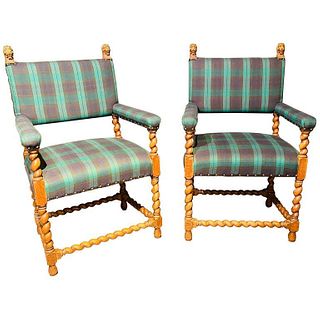 Pair Gothic Lion Head and Spiral Posts Armchairs